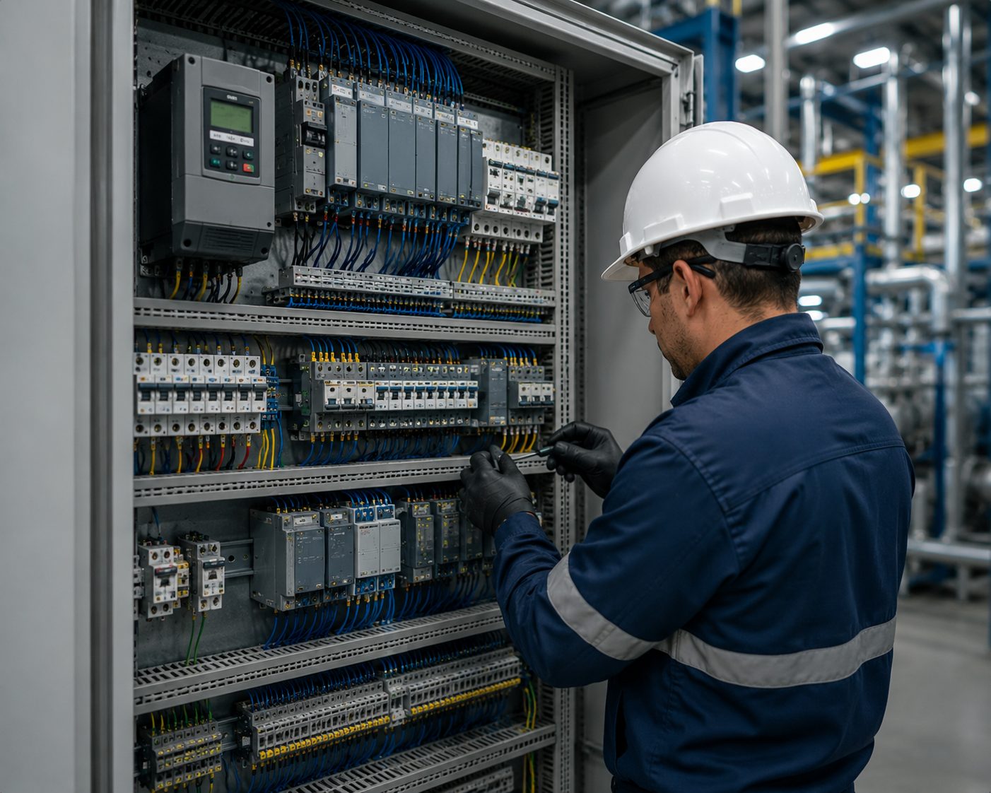 Técnico de SI&AC SAS revisando un tablero de control en planta