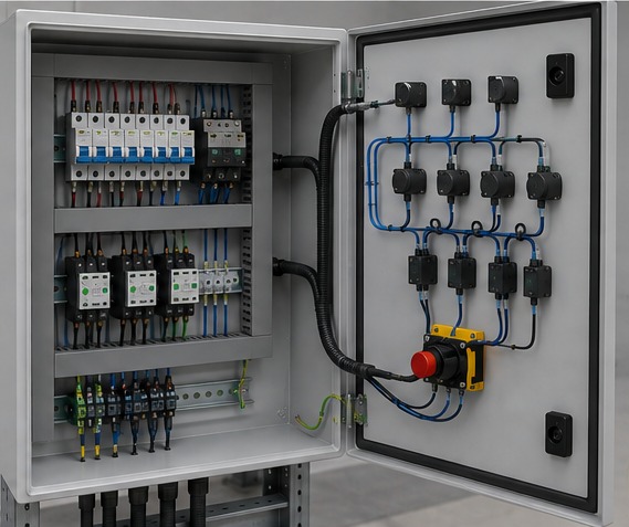 Tablero de arranque de motores — interior/cableado
